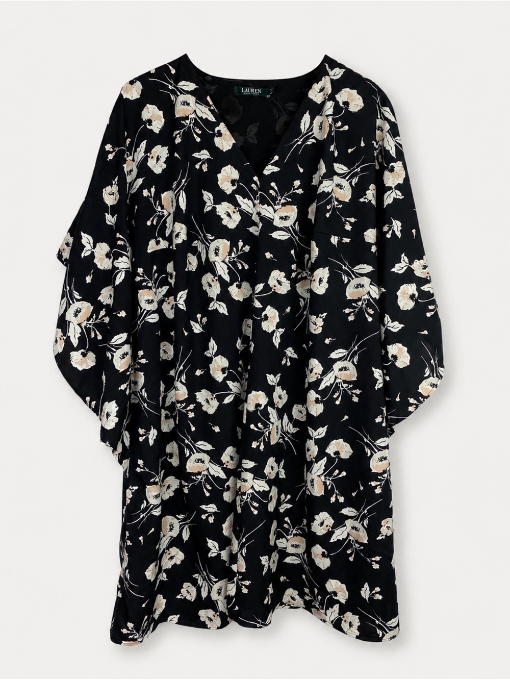 RALPH LAUREN Black Crepe Floral V-neck Ruffle Sleeve Shift Dress